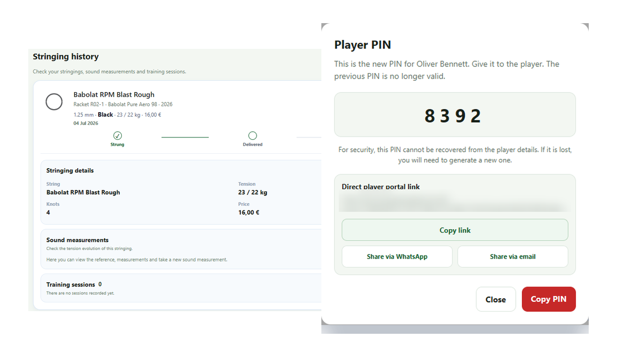 Zona del jugador con historial de encordado y acceso mediante PIN